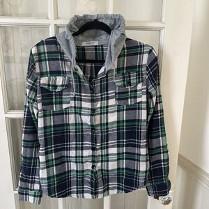Plaid Button Down Hoodie Shirt Women's Small Bom Deals Top